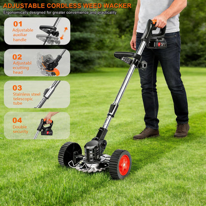 21V Cordless Weed Wacker for Thick Weeds, Lawn & Yard, 3-in-1 String Trimmer/Edger/Brush Cutter with 2 Batteries, 4 Blades & Wheels, 90° Pivot Head, Adjustable Height, Lightweight Easy for Homeowners - Available at All In One Marketplace Canada