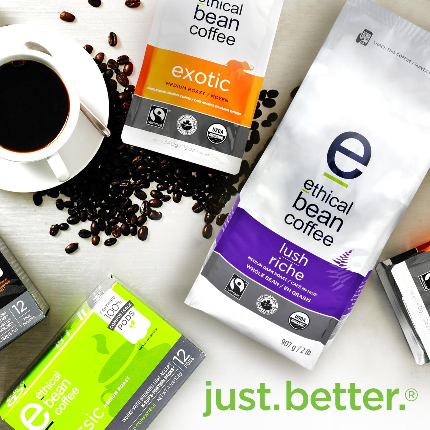 Ethical Bean Lush Medium Dark Roast Fairtrade Organic Whole Bean Coffee 907g Bag, 6 ct Case 🍁 All In One Marketplace Canada