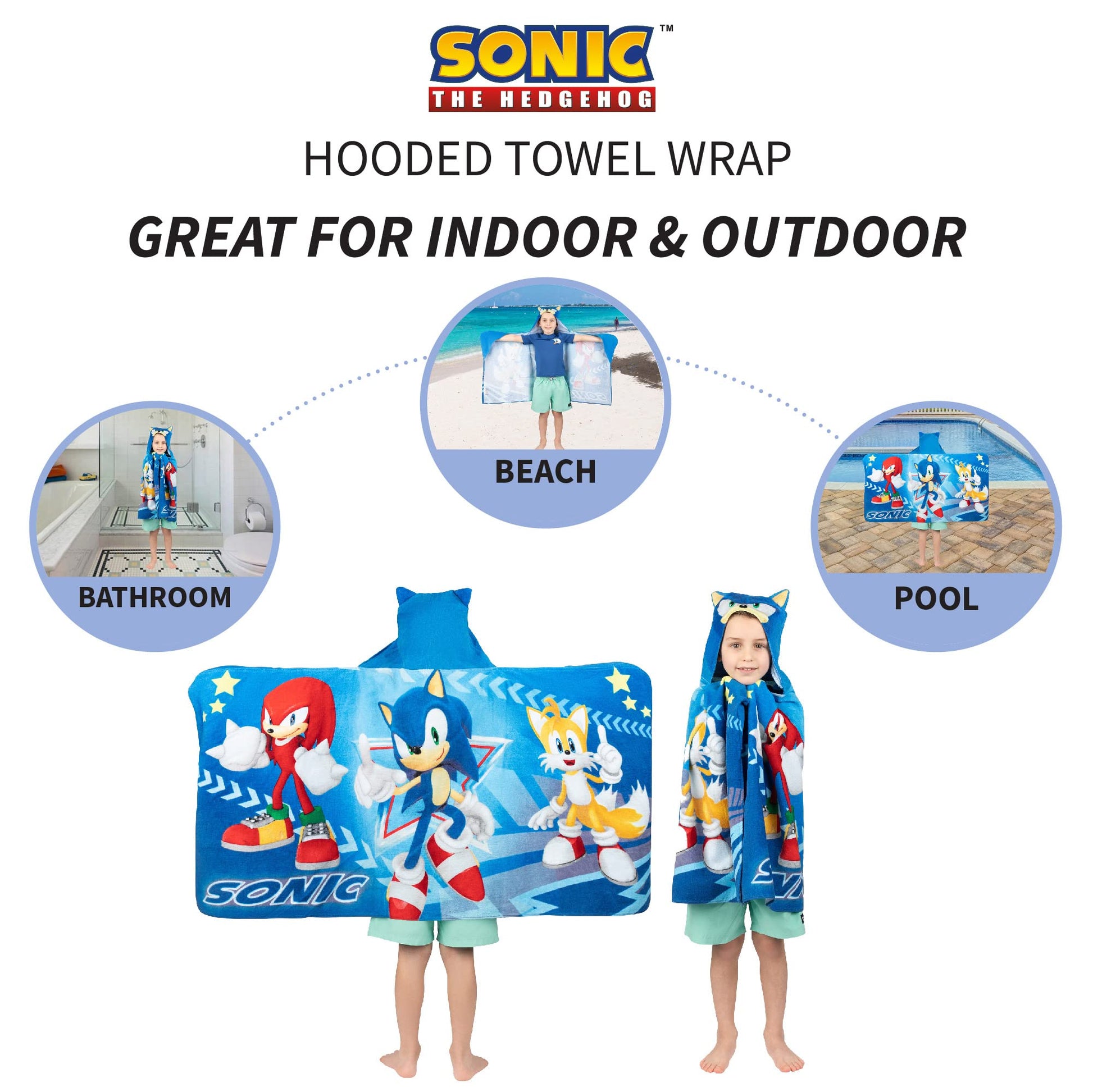 Franco Kids Bath and Beach Super Soft Cotton Hooded Towel Wrap, 24 in x 50 in, Sonic The Hedgehog Franco