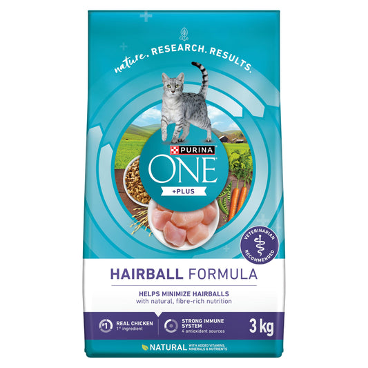 Purina ONE +Plus Dry Cat Food, Hairball Formula Chicken - 3 kg Bag