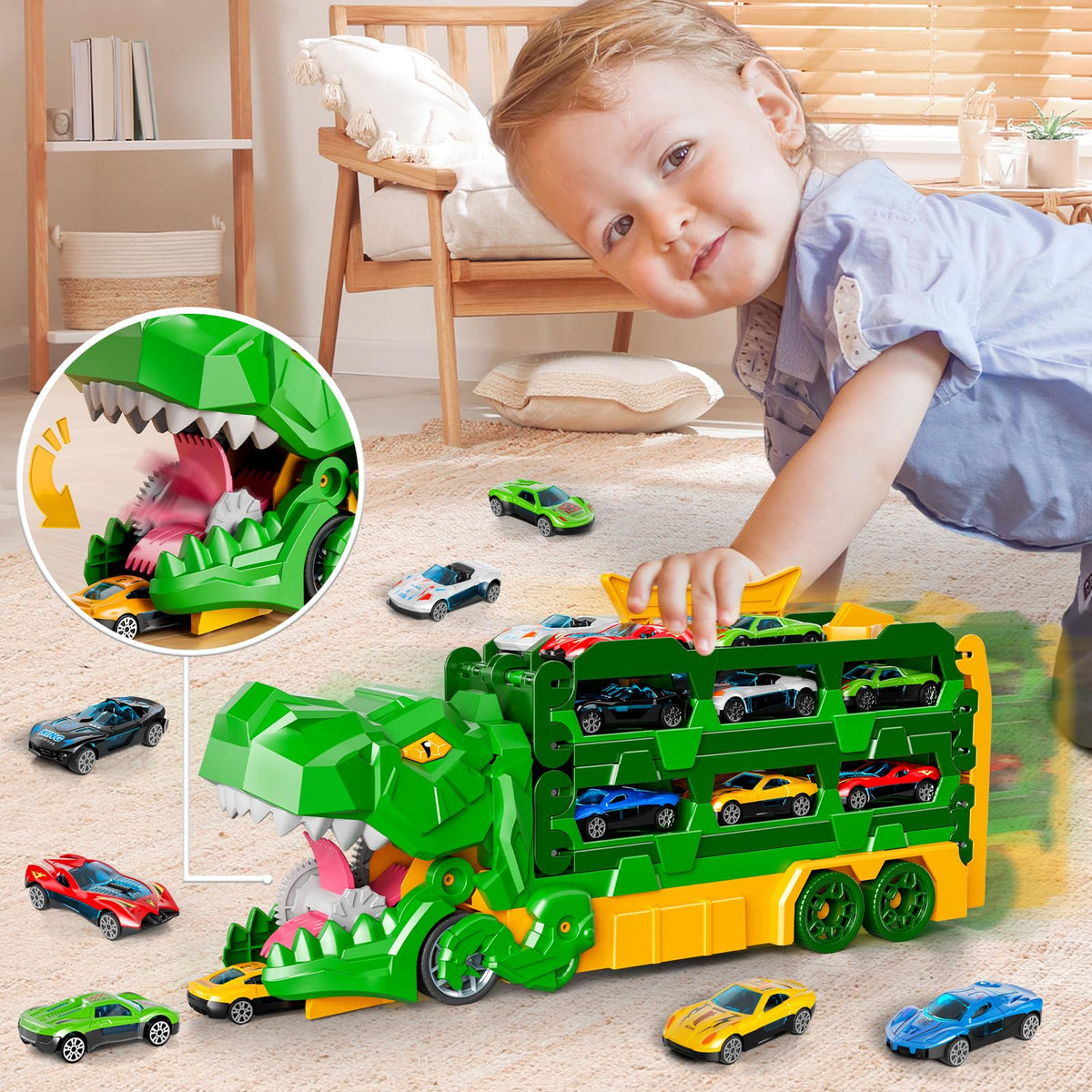 Dinosaur Transport Race Truck Toy with 59-Inch Race Track and Die-Cast Cars 🍁 All In One Marketplace Canada