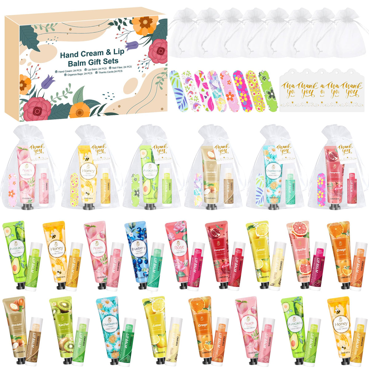 24 Sets Bulk Gifts For Women, Hand Cream Lotion, Lip Balm, Mini Nail Files Gifts Set with Organza Bags, Thank You Card, Baby Shower Bridal Wedding Favor for Guests, Christmas Gifts for Women 🍁 All In One Marketplace Canada