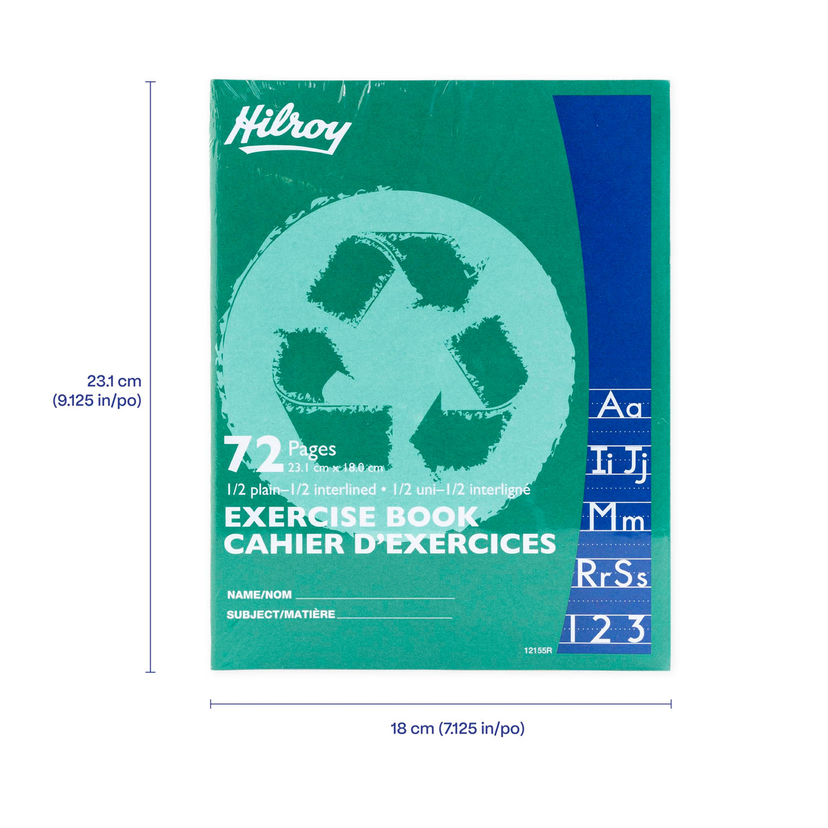 Hilroy Recycled Stitched Exercise Book, 1/2 plain, 1/2 interlined, 72 Pages/36 Sheets, 7-1/8” (180 cm) x 9-1/8” (23.1 cm) Sheet Size, Green Cover, 1 Case of 24 Books (12155R)