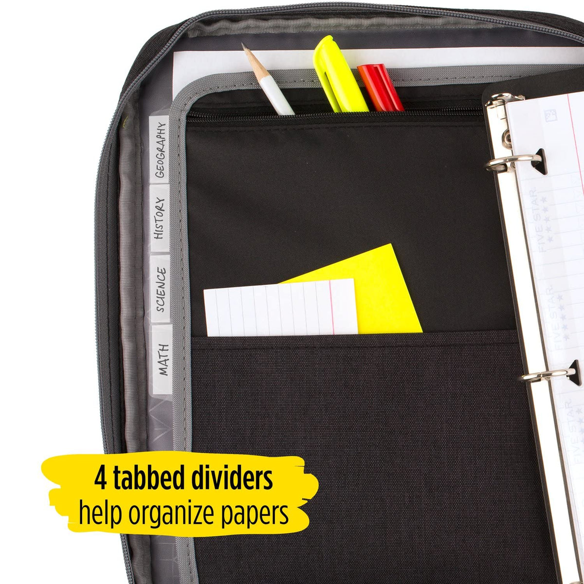 Five Star Zipper Binder, 1 Inch 3-Ring Binder with Round Rings, Carry-All with Pockets and 4-Tab Dividers, 375 Sheet Capacity, Black/Gray (29092IT8)
