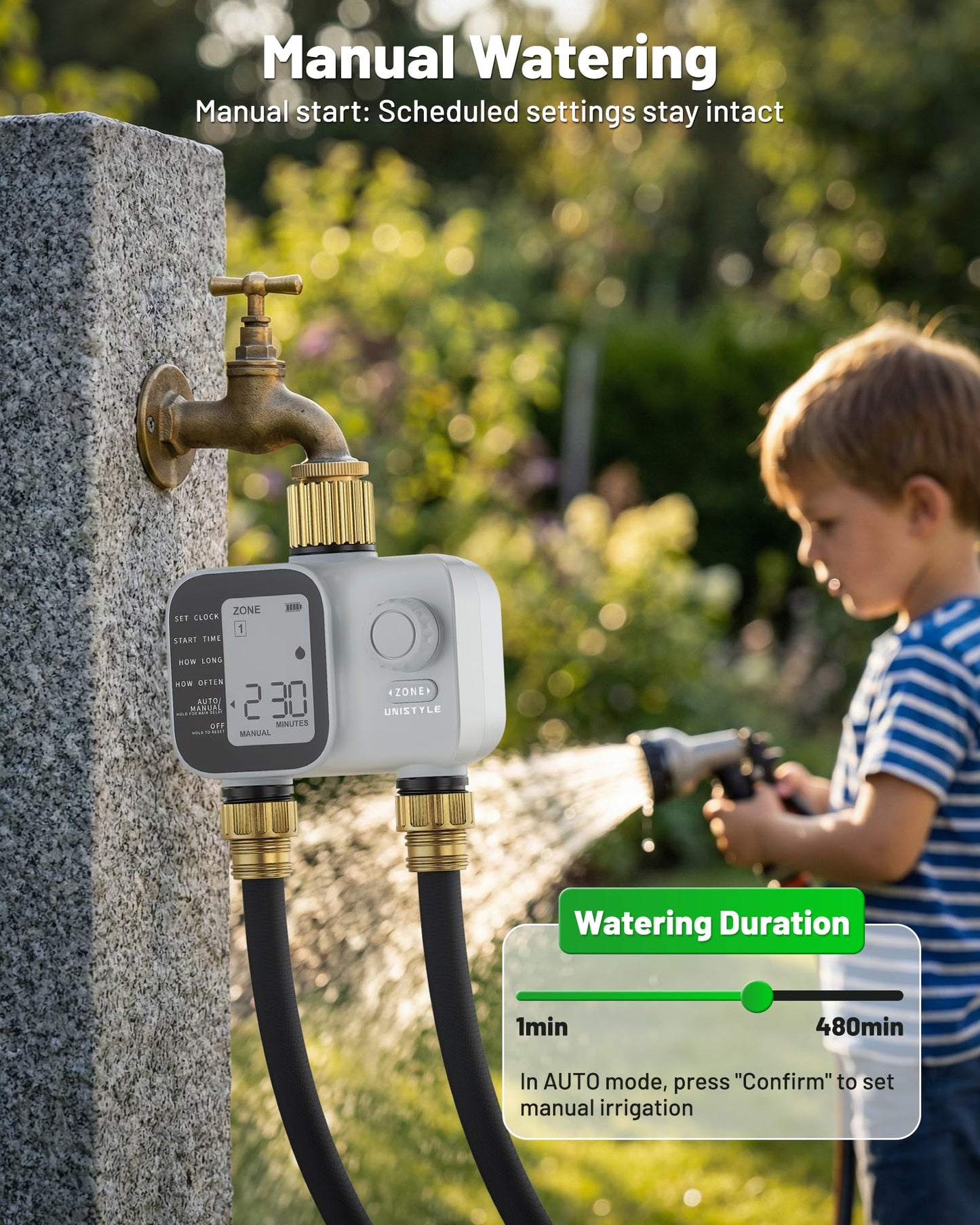 2027 New Upgrade Sprinkler Timer 2 Zone with Brass Inlet, Unistyle Water Timer for Garden Hose with Rain Delay and Manual Water/Automatic Irrigation, Hose Timers for Yard and Lawn Patio - Available at All In One Marketplace Canada
