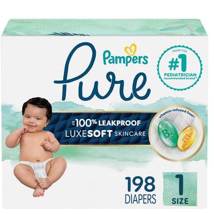 Pampers Pure Baby Diapers, Size 1 (8-14 lbs), 198, Up to 100% Leakproof, Premium Hypoallergenic Soft Diapers