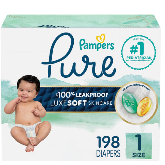 Pampers Pure Baby Diapers, Size 1 (8-14 lbs), 198, Up to 100% Leakproof, Premium Hypoallergenic Soft Diapers 🍁 All In One Marketplace Canada
