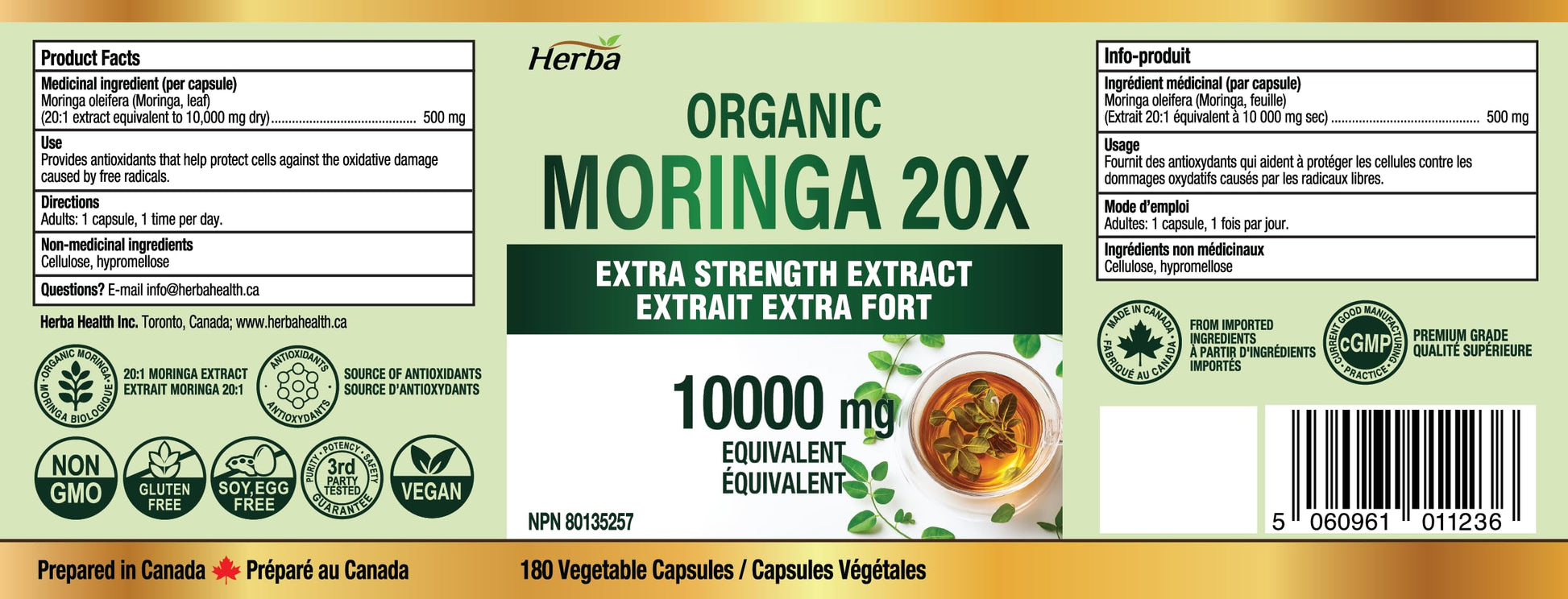 Herba 10,000MG Organic Moringa Capsules – 180 Count | Ultra Potent - 20:1 Extract | Made in Canada | Pure Moringa Capsules using Organic Moringa Powder - Available at All In One Marketplace Canada