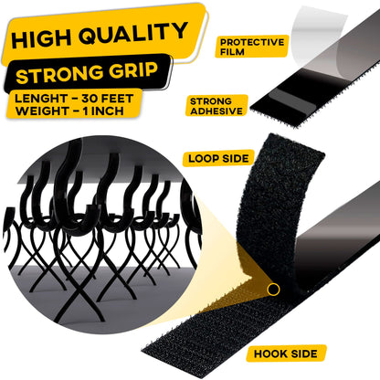 Hook and Loop Tape Roll with Heavy Duty Adhesive Industrial Strength Easy to Cut, Strong Hook and Loop Strips with Sticky Back, Black (Black, 1 Inch x 30 Feet)
