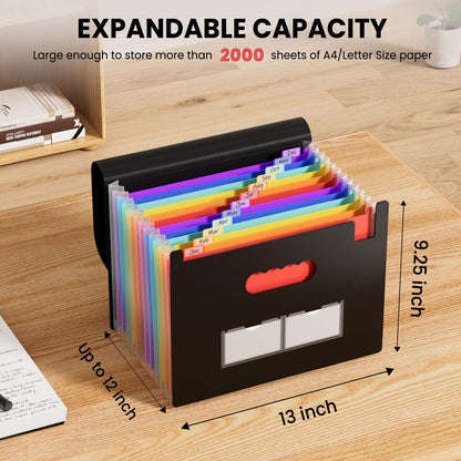 Sooez Accordion File Organizer, 13 Pockets Expanding File Folders, Portable Monthly Paper Bill Tax Receipt Organizer, Letter A4 Size Document Holder with Blank Labels, Black