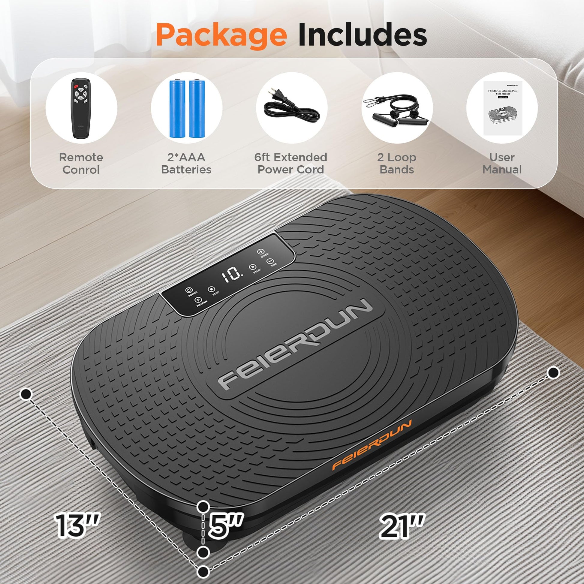 FEIERDUN Vibration Plate Exercise Machine, Full Body Vibrating Plate with Wider Platform, 150kg (330lbs) Capacity, Plaque Vibrante with LED Screen, Remote & Resistance Bands,Black