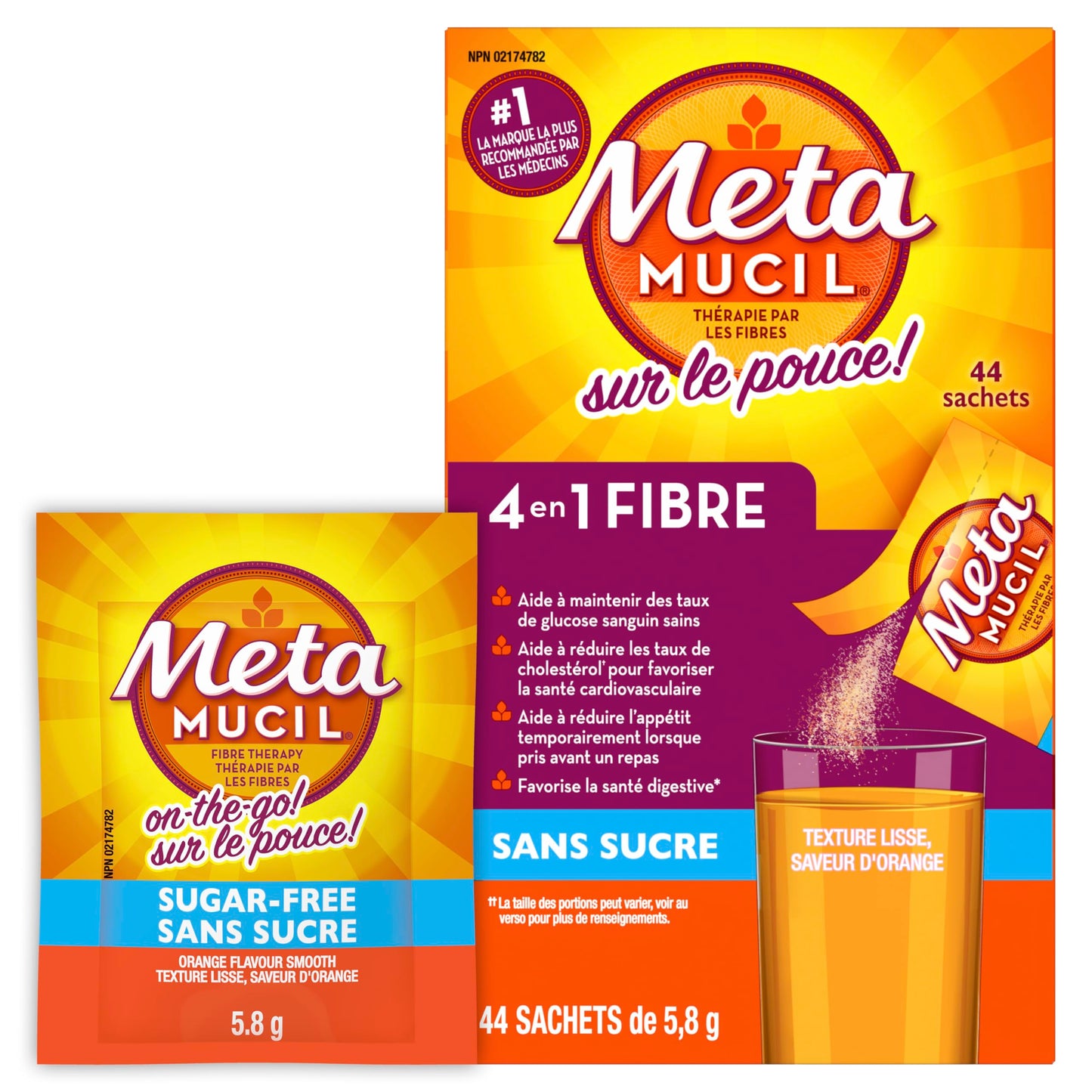 Metamucil, Daily Psyllium Husk Powder Supplement Packets, Sugar-Free, 4-in-1 Fibre for Digestive Health, Orange Smooth Flavored Drink, 44 Servings - Available at All In One Marketplace Canada