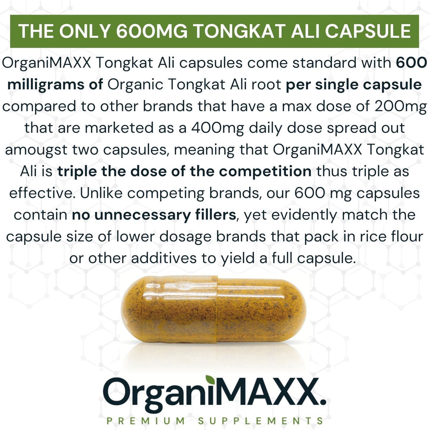 6X Strength Tongkat Ali 600 MG PER SINGLE CAPSULE 60,000 MG Equivalent 100:1 Extract Ratio Highest Potency, OrganiMAXX Longjack Eurycoma Longifolia Non-GMO Premium Tongkat Ali Supplement For Men. - Available at All In One Marketplace Canada