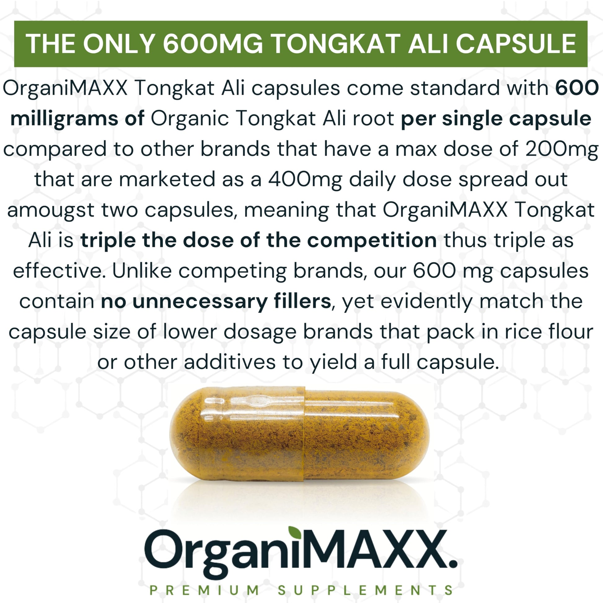 6X Strength Tongkat Ali 600 MG PER SINGLE CAPSULE 60,000 MG Equivalent 100:1 Extract Ratio Highest Potency, OrganiMAXX Longjack Eurycoma Longifolia Non-GMO Premium Tongkat Ali Supplement For Men. - Available at All In One Marketplace Canada