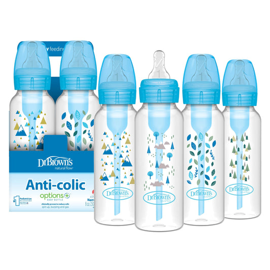Dr. Brown's Natural Flow Anti-Colic Options+ Narrow Baby Bottle, Blue Nature, 8 oz/250 mL, with Level 1 Slow Flow Nipples, 0m+, 4 count (Pack of 1) 🍁 All In One Marketplace Canada