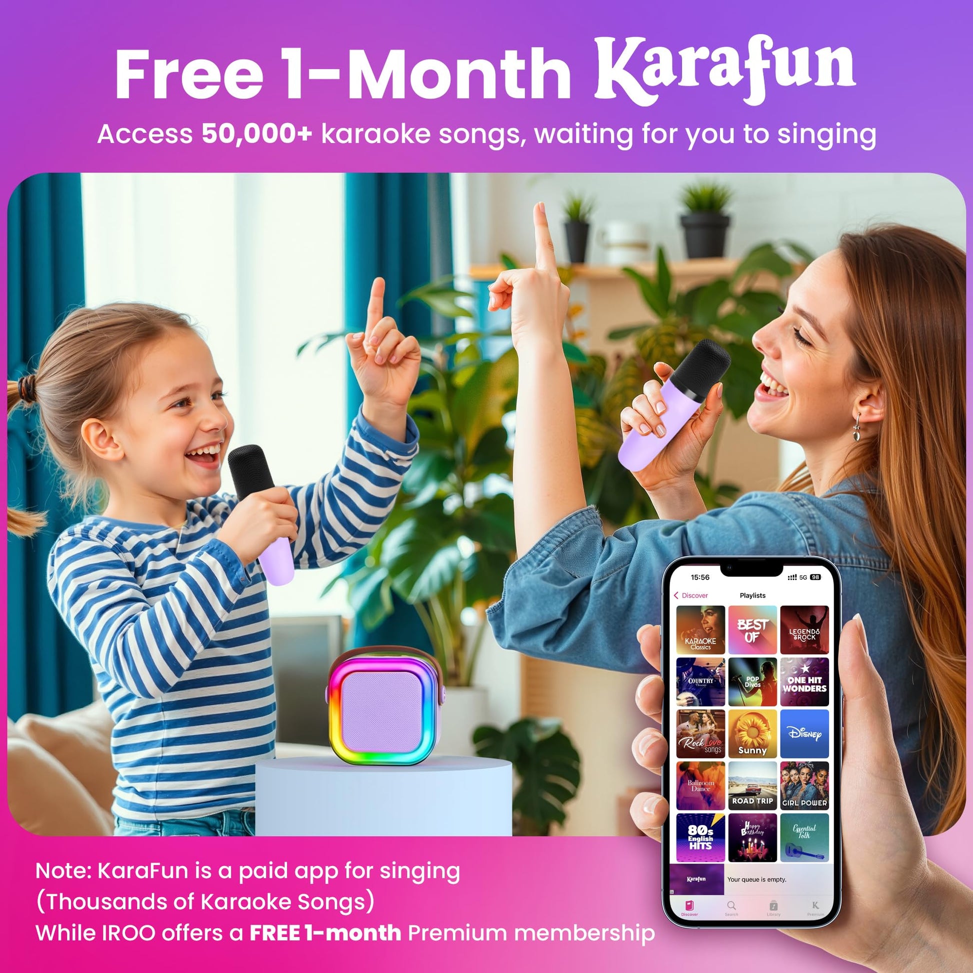 IROO Mini Karaoke Machine for Kids, 2026 TOP Kids Toys Birthday Gifts Ideas for Girls Boys Ages 3-12+ Years Old, Portable Bluetooth Speaker with 2 Wireless Mics, Noisemaker Toys for Party(Purple)