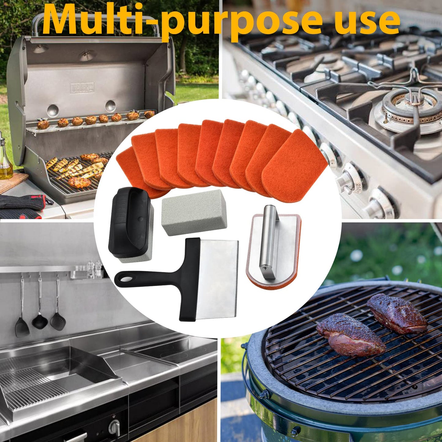Griddle Cleaning Kit for Blackstone 15 Pieces - Heavy Duty Grill Cleaner Kit with Grill Stone, Griddle Scraper, & Griddle Brush with Stainless Steel Handle Easy to Use Flat Top Cleaning Kit - Available at All In One Marketplace Canada