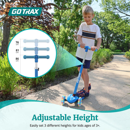Gotrax KS1 Kids Kick Scooter, LED Lighted Wheels and 3 Adjustable Height Handlebars, Lean-to-Steer & Widen Anti-Slip Deck, 3 Wheel Scooter for Boys & Girls Ages 3+ and up to 50 Kg (Blue)
