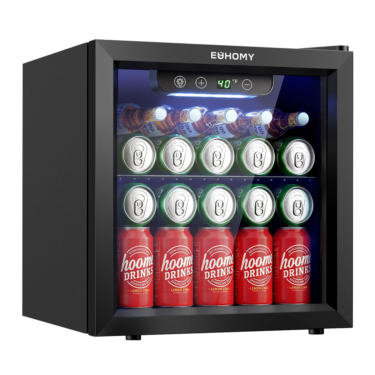 EUHOMY 48 Cans Beverage Refrigerator cooler-Mini Fridge Glass Door for Beer Drinks Wines, Countertop Beverage Fridge with Adjustable Shelves Blue LED for Home/Office/Dorm/Bar, 1.3 cu.ft