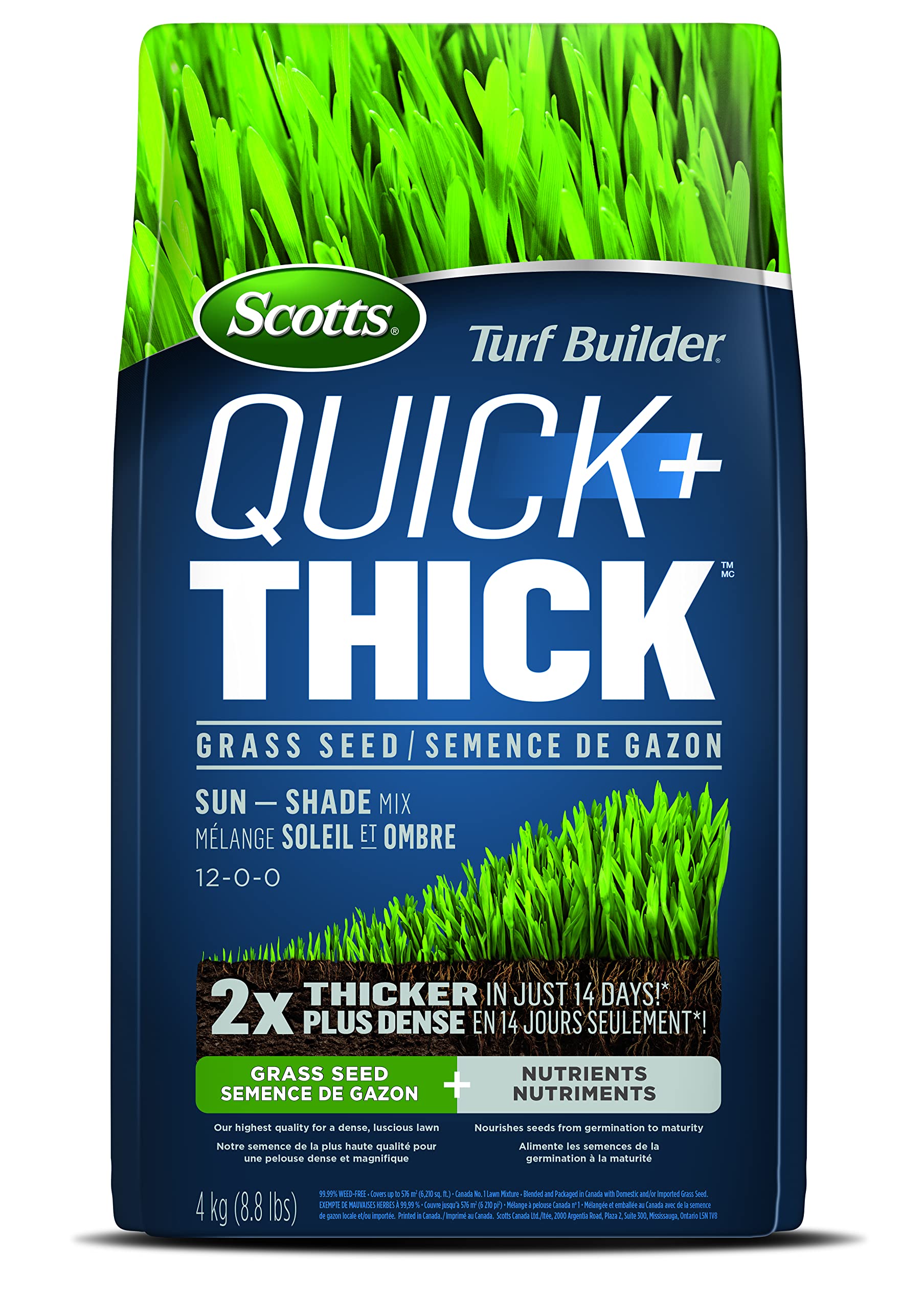 Scotts Turf Builder Quick + Thick Grass Seed (Sun and Shade Mix) - 4 kg |(576 sq Meters / 6,210 sq feet Coverage) Grow a Thick, Green Lawn Fast. for Areas that Experience Sun & Shade