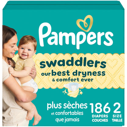 Pampers Swaddlers Diapers, Size 2, Absorbent, Keeps Baby Dry and Comfortable, Pediatrician Recommended Skin Safe Disposable Baby Diaper, 1 Pack (Count of 186)