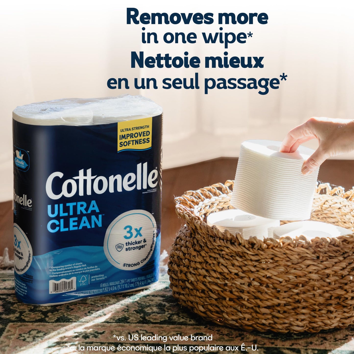 Cottonelle Toilet Paper, 24 Mega Rolls = 96 Regular Rolls, Ultra Clean, Strong Bathroom Tissue, 284 Sheets per Roll, Packaging May Vary