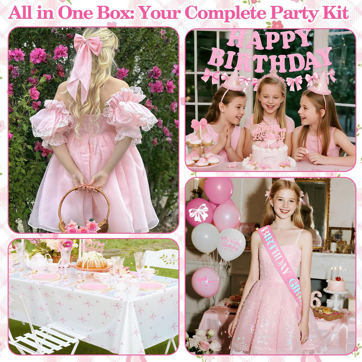 Pink Bow Birthday Decorations, Coquette Party Supplies with Balloons, Fringe Curtain, Birthday Sash, Pink Hair Bow, Tablecloth, Banner, Paper Pompoms, Cake Topper for Women Girls Bday Party Decor 🍁 All In One Marketplace Canada