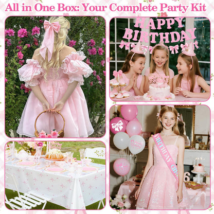 Pink Bow Birthday Decorations, Coquette Party Supplies with Balloons, Fringe Curtain, Birthday Sash, Pink Hair Bow, Tablecloth, Banner, Paper Pompoms, Cake Topper for Women Girls Bday Party Decor 🍁 All In One Marketplace Canada