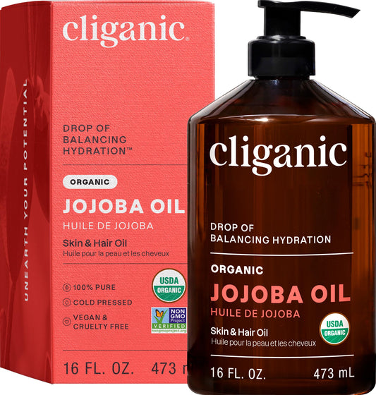 Cliganic Organic Jojoba Oil 473ml, 100% Pure | Bulk, Natural Cold Pressed Unrefined Hexane Free for Hair & Face | Base Carrier Oil