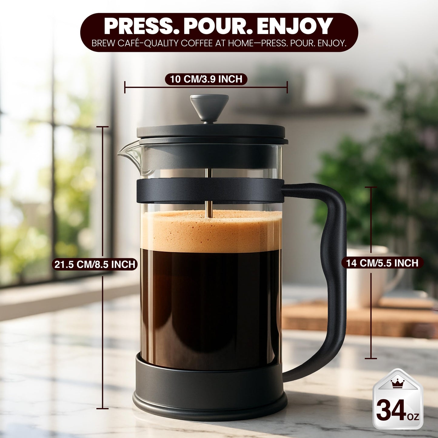 KICHLY - 34 Ounce French Press Espresso and Tea Maker with Triple Filters, Stainless Steel Plunger and Heat Resistant Borosilicate Glass, Black - Available at All In One Marketplace Canada