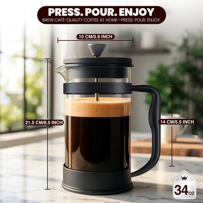 KICHLY - 34 Ounce French Press Espresso and Tea Maker with Triple Filters, Stainless Steel Plunger and Heat Resistant Borosilicate Glass, Black - Available at All In One Marketplace Canada
