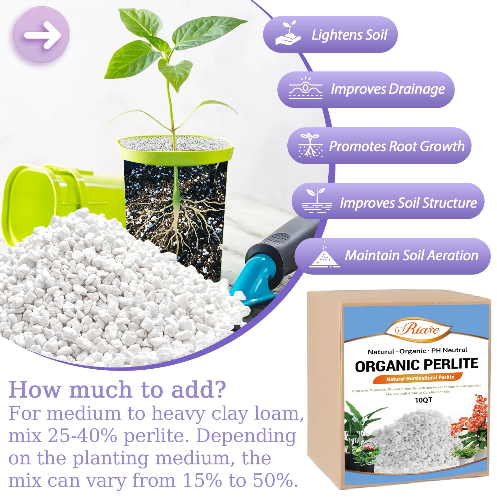 Riare 10 litres Organic Perlite for Plants - Horticultural Perlite Soil Amendment for Plants Potting Mix, Improve Root Growth, Drainage and Ventilation - Available at All In One Marketplace Canada