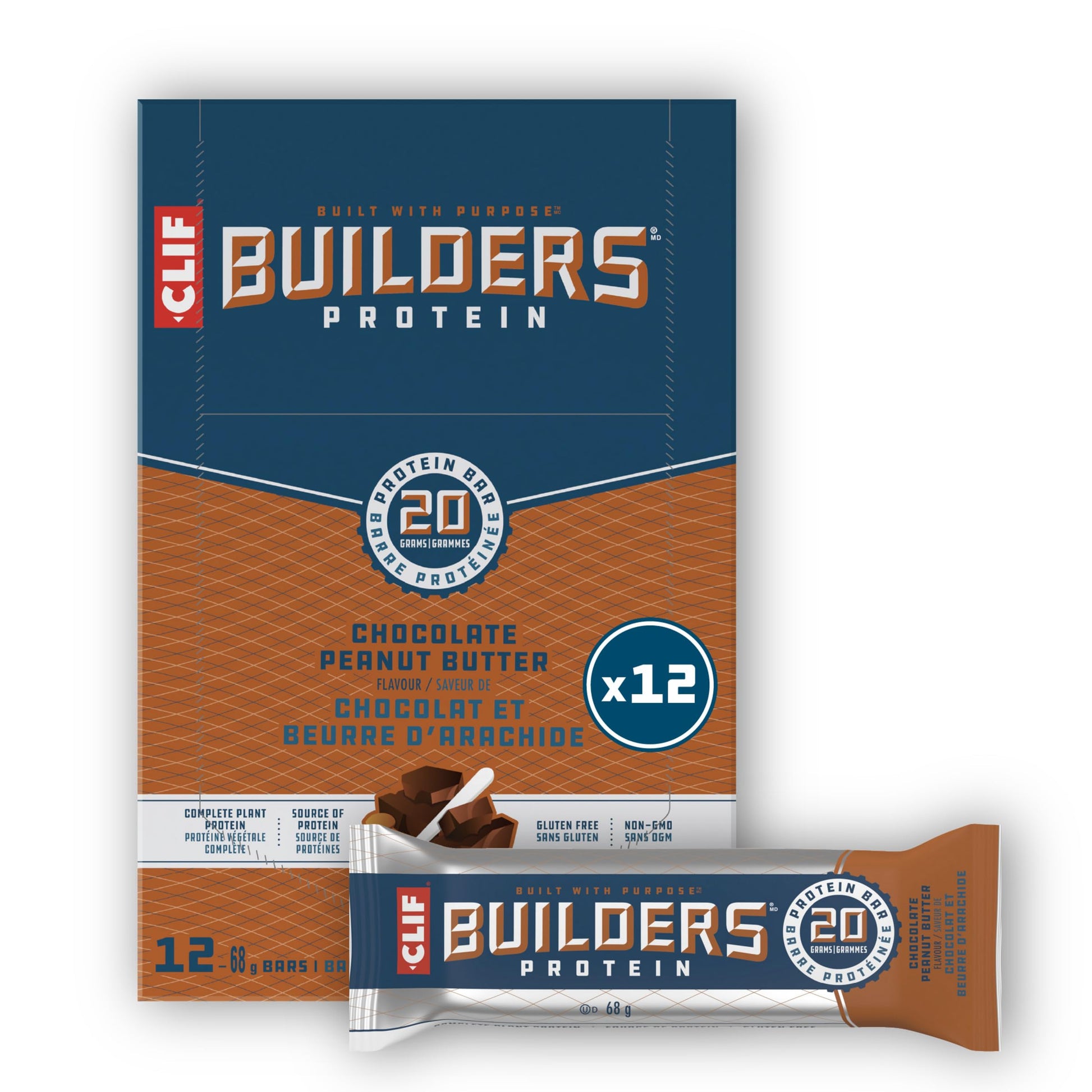 CLIF BUILDERS Chocolate Peanut Butter Protein Bars - 20g Plant Protein, Gluten Free, 12 Pack (68g each)