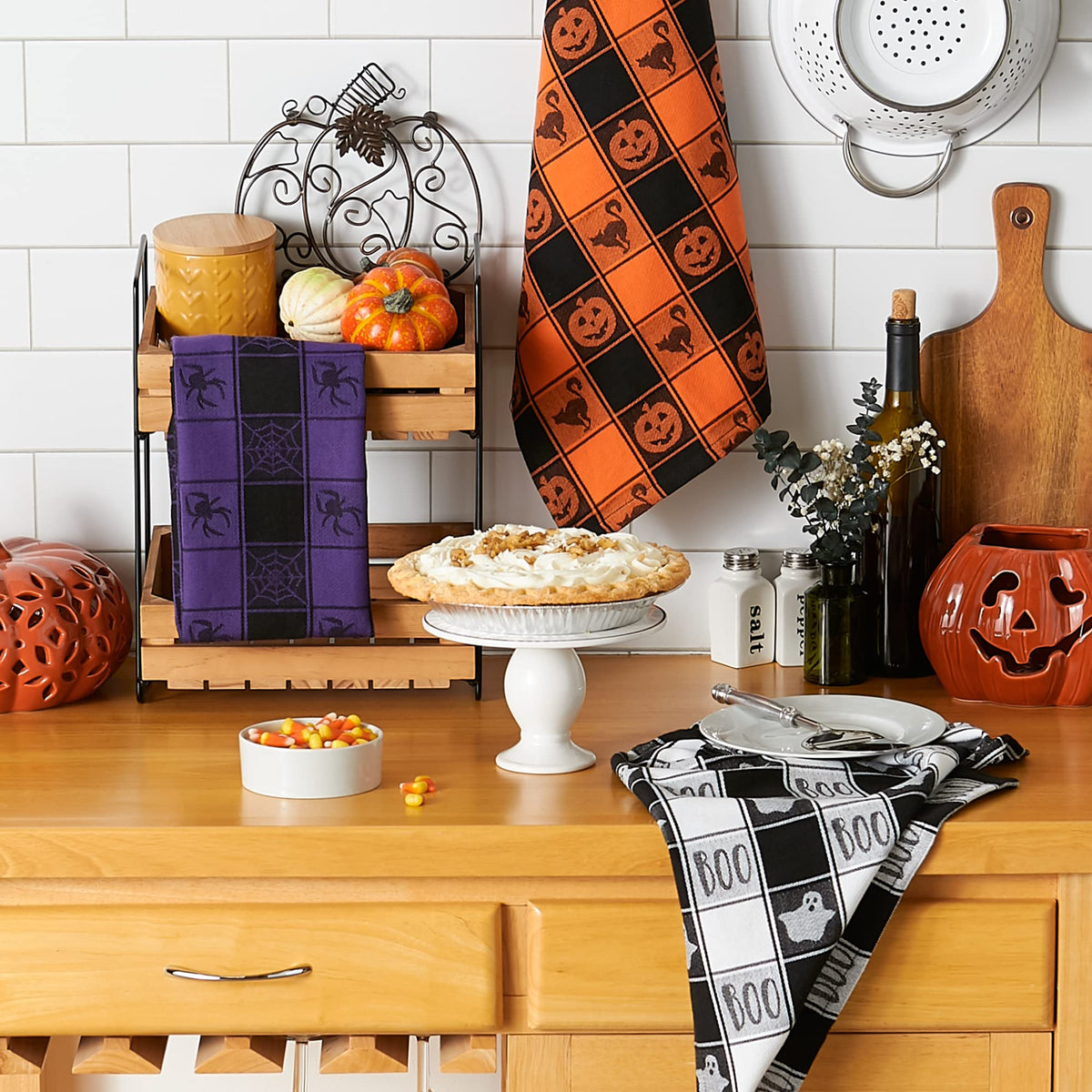 Collection de torchons DII Happy Halloween, ensemble de torchons de cuisine en coton décorés, 18x28, motif écossais hanté, lot de 3