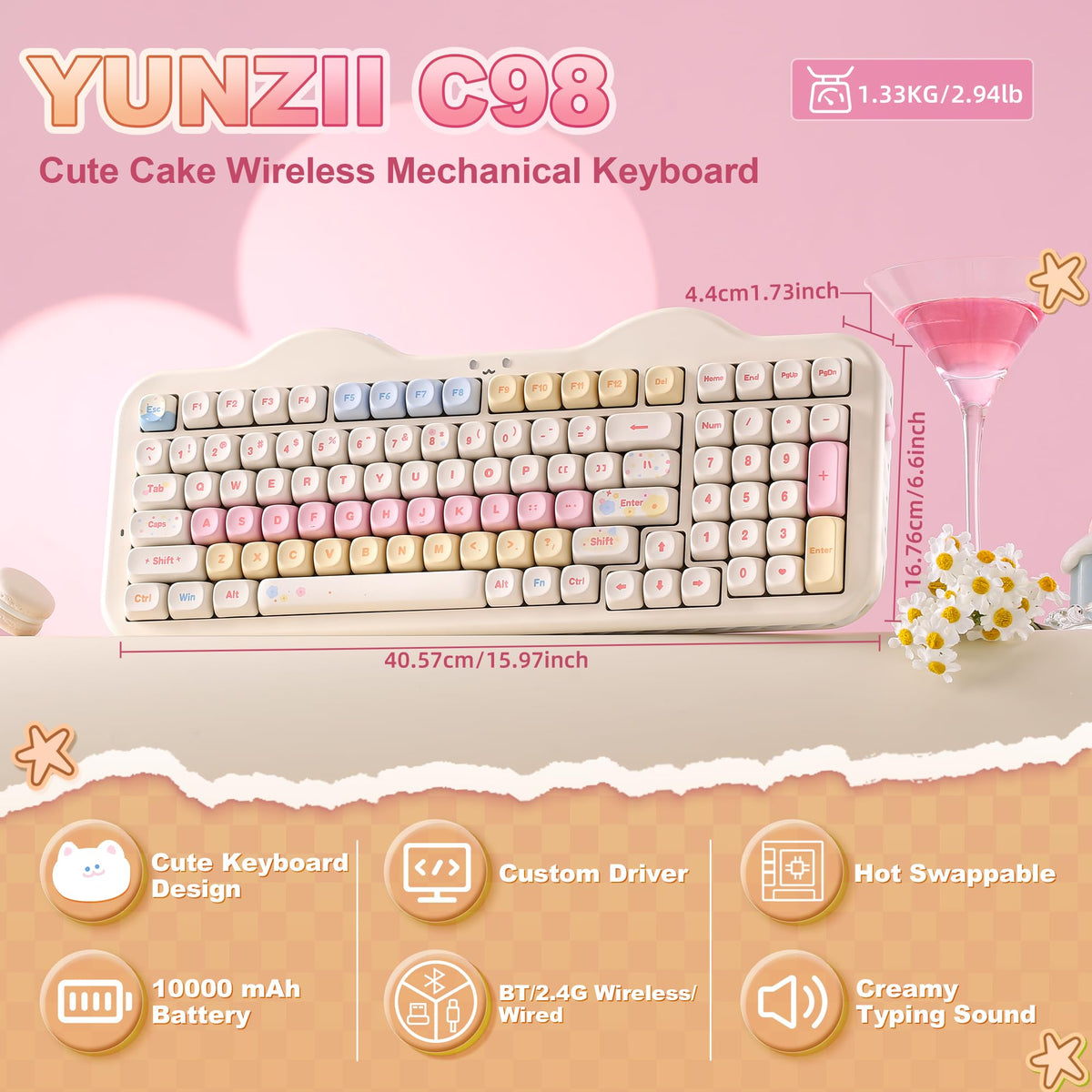 YUNZII C98 Cute Cake Wireless Mechanical Keyboard (Beige, Candy Switch) 🍁 All In One Marketplace Canada