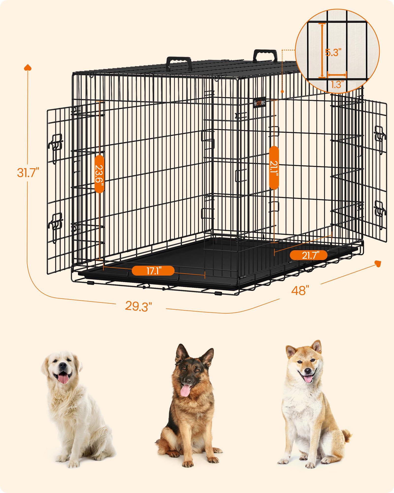 Feandrea Dog Crate, 48-Inch Foldable Dog Kennel with 2 Doors, Removable Tray, XXL, Black UPPD48H Feandrea