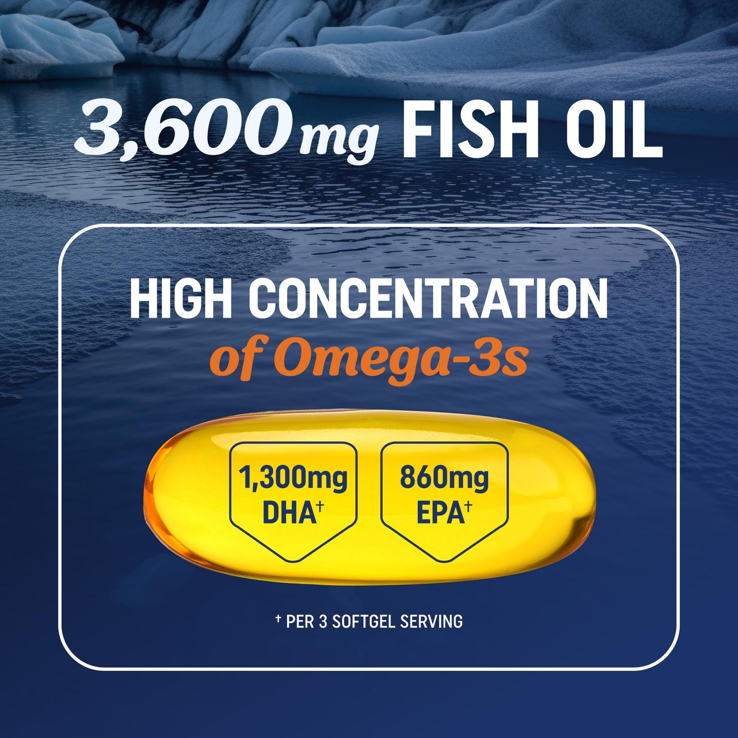Triple Strength Omega 3 Fish Oil | 120 Softgels | 3600 mg Fish Oil | Over 2100mg of Omega-3 Fatty Acids | Heart and Cognitive Support | 1300mg EPA + 860mg DHA | Wild Caught & Burpless | 120 Ct