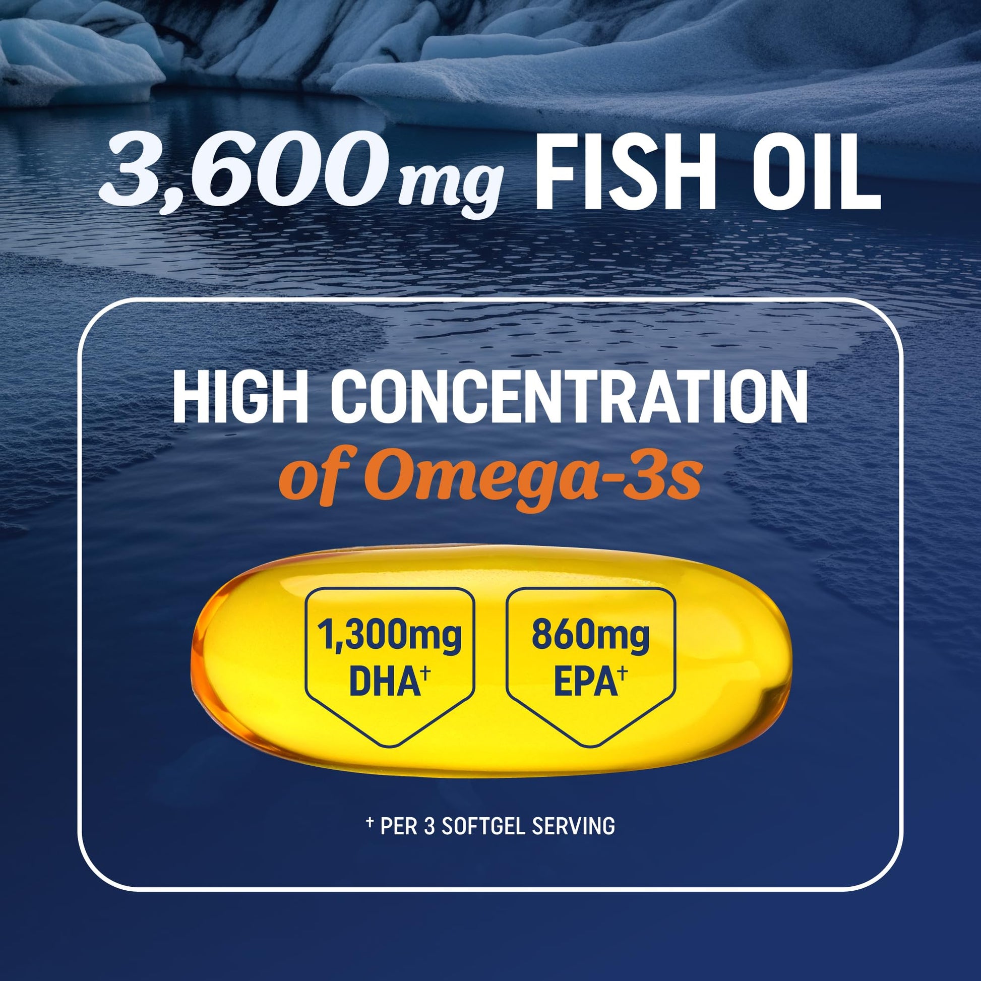 Triple Strength Omega 3 Fish Oil | 120 Softgels | 3600 mg Fish Oil | Over 2100mg of Omega-3 Fatty Acids | Heart and Cognitive Support | 1300mg EPA + 860mg DHA | Wild Caught & Burpless | 120 Ct