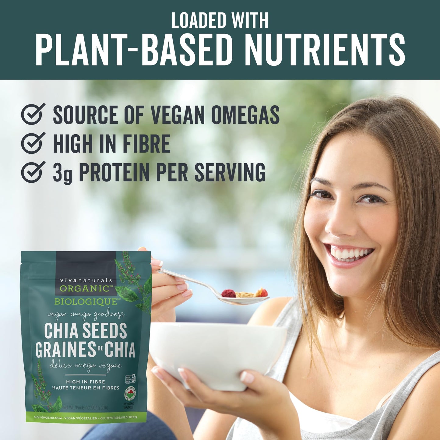 Viva Naturals Organic Chia Seeds, 2 lb – Plant-Based Omega-3s & 6s and Vegan Protein, Non-GMO, Black Chia Seeds Organic, Graine de Chia – Perfect for Smoothies, Salads, and Chia Seed Pudding