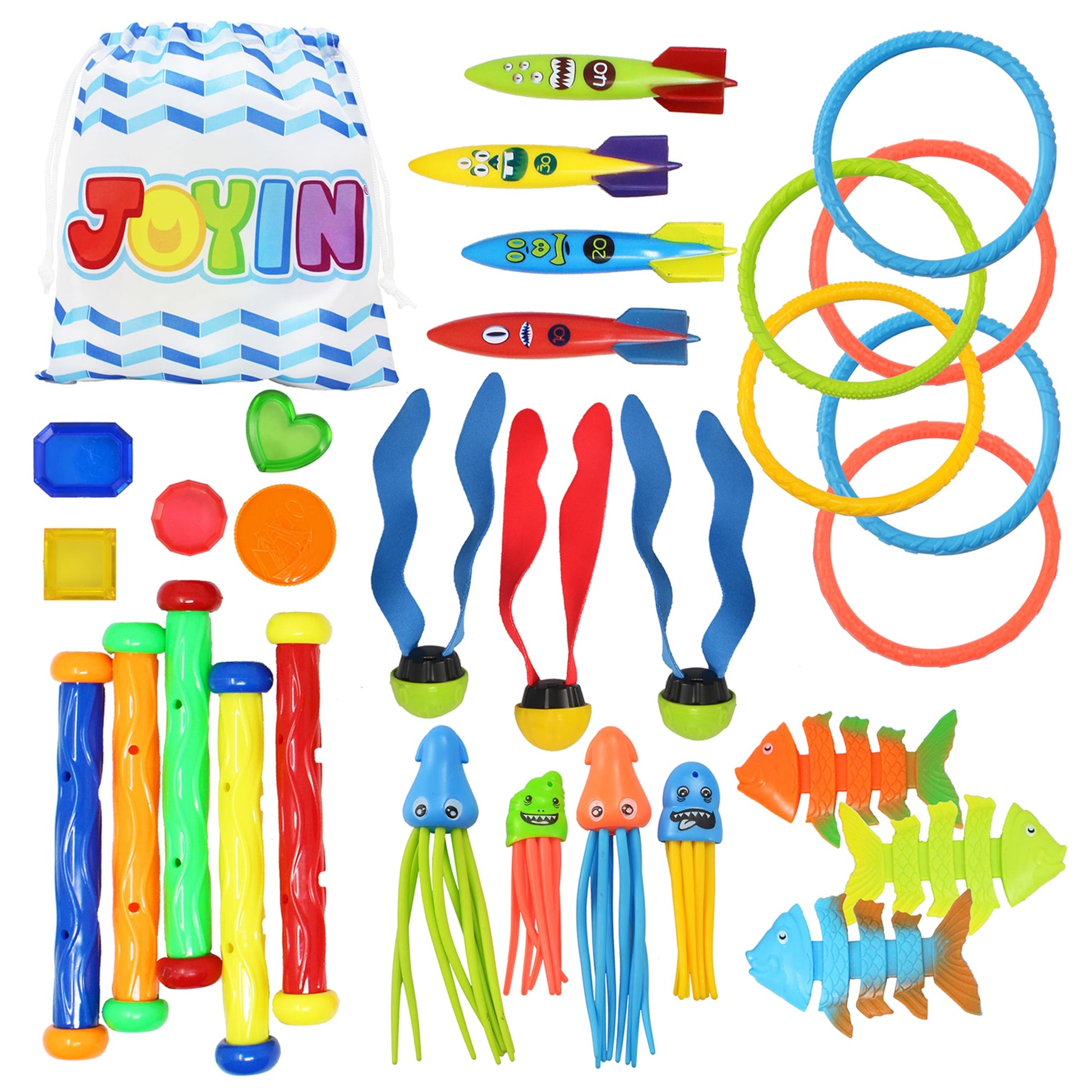 Sloosh 30 Pcs Diving Pool Toys for Kids Ages 3-12 Jumbo Set with Storage Bag Pool Games Summer Swim Water FishToys