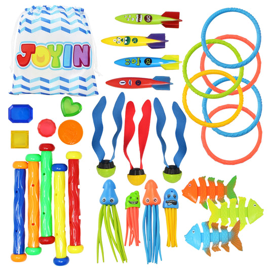 Sloosh 30 Pcs Diving Pool Toys for Kids Ages 3-12 Jumbo Set with Storage Bag Pool Games Summer Swim Water FishToys