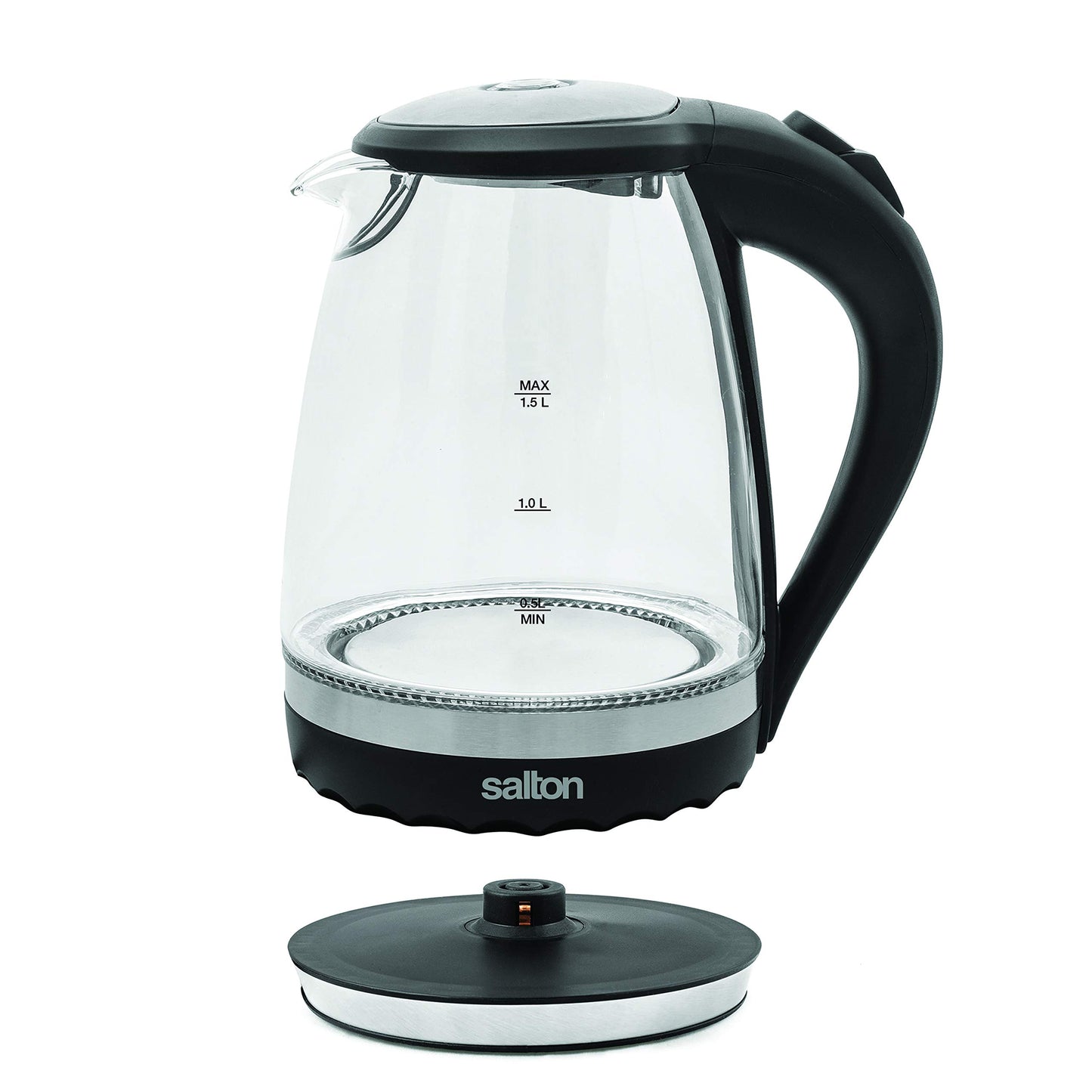 Salton Cordless Electric Glass Kettle - Compact 1.5L/Quart Water Boiler and Tea Heater with Automatic Shut-Off and Boil-Dry Protection, Soft Blue Illumination, Stainless Steel, 1100 Watts Salton