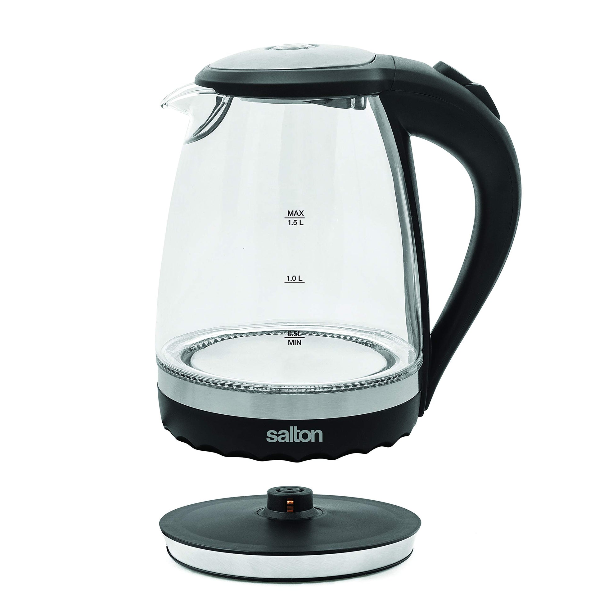 Salton Cordless Electric Glass Kettle - Compact 1.5L/Quart Water Boiler and Tea Heater with Automatic Shut-Off and Boil-Dry Protection, Soft Blue Illumination, Stainless Steel, 1100 Watts Salton