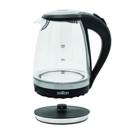 Salton Cordless Electric Glass Kettle - Compact 1.5L/Quart Water Boiler and Tea Heater with Automatic Shut-Off and Boil-Dry Protection, Soft Blue Illumination, Stainless Steel, 1100 Watts Salton