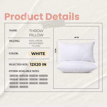 Utopia Bedding Throw Pillows Insert (Pack of 2, White) - 12 x 20 Inches Bed and Couch Pillows - Indoor Decorative Pillow