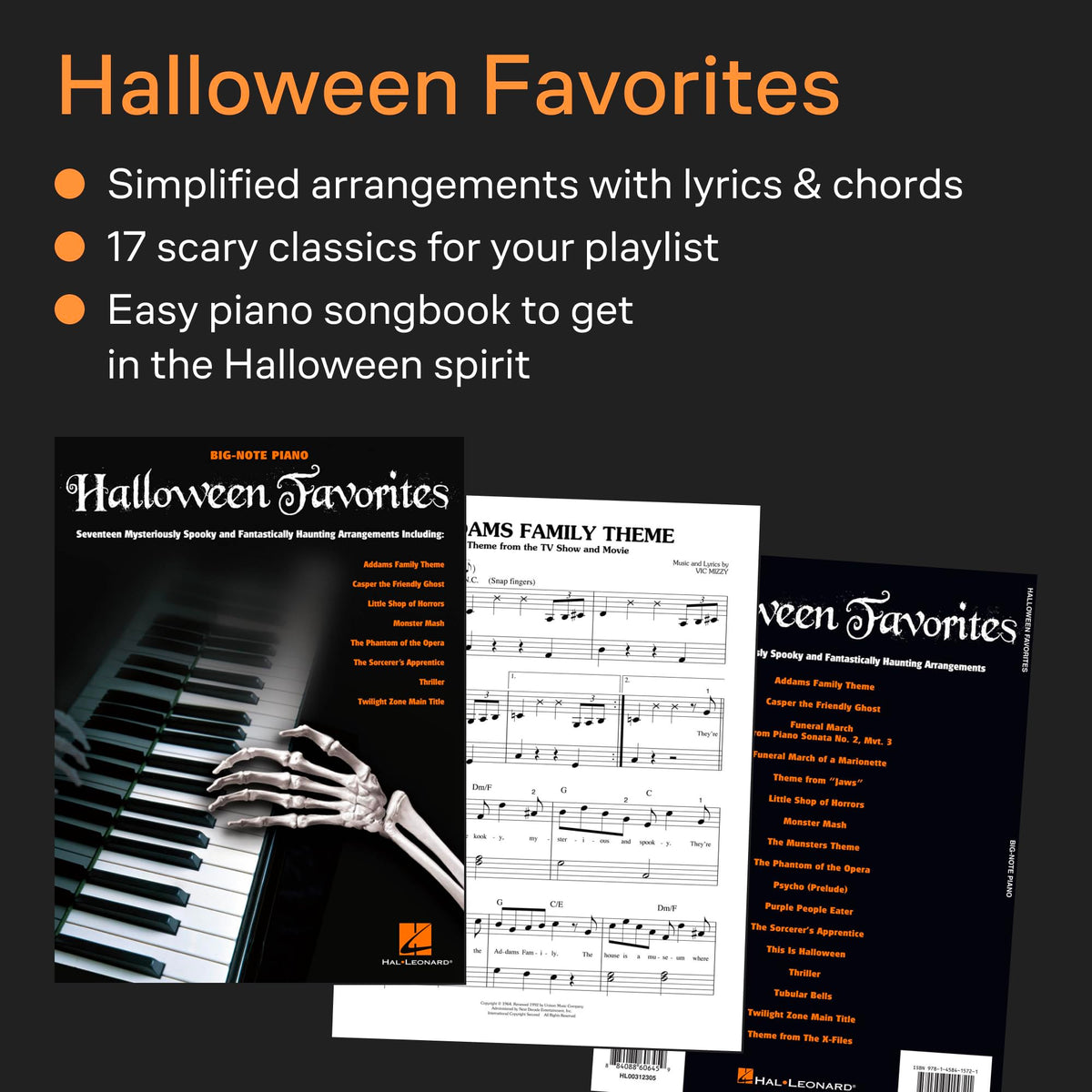 Livre de partitions pour piano Halloween Favorites Big Note | 17 thèmes musicaux effrayants et envoûtants pour débutants et joueurs confirmés | Partitions de piano facile pour soirée d'Halloween