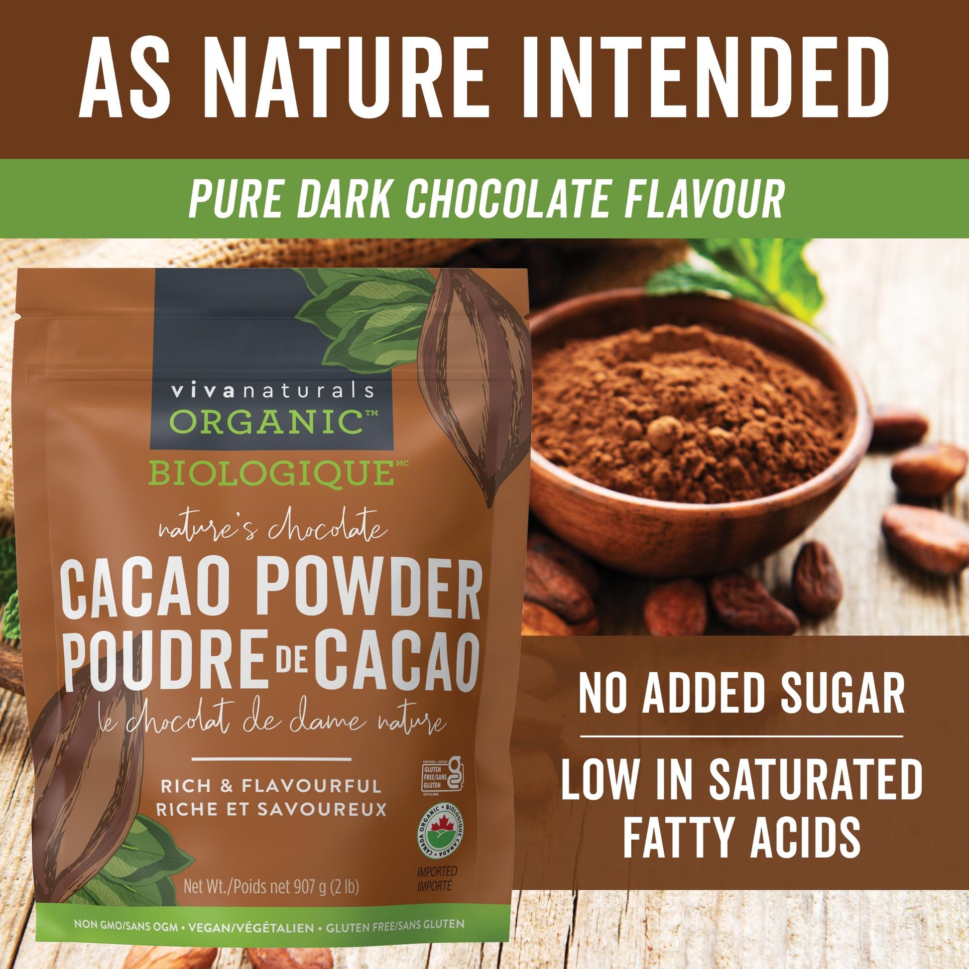Viva Naturals Organic Cacao Powder, 2lb - Unsweetened Cocoa Powder With Rich Dark Chocolate Flavour, Perfect for Baking & Smoothies - Certified Vegan, Keto & Paleo, Gluten-Free & Non-GMO, 907 g