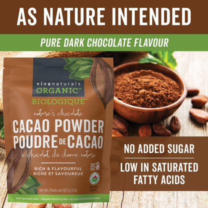 Viva Naturals Organic Cacao Powder, 2lb - Unsweetened Cocoa Powder With Rich Dark Chocolate Flavour, Perfect for Baking & Smoothies - Certified Vegan, Keto & Paleo, Gluten-Free & Non-GMO, 907 g
