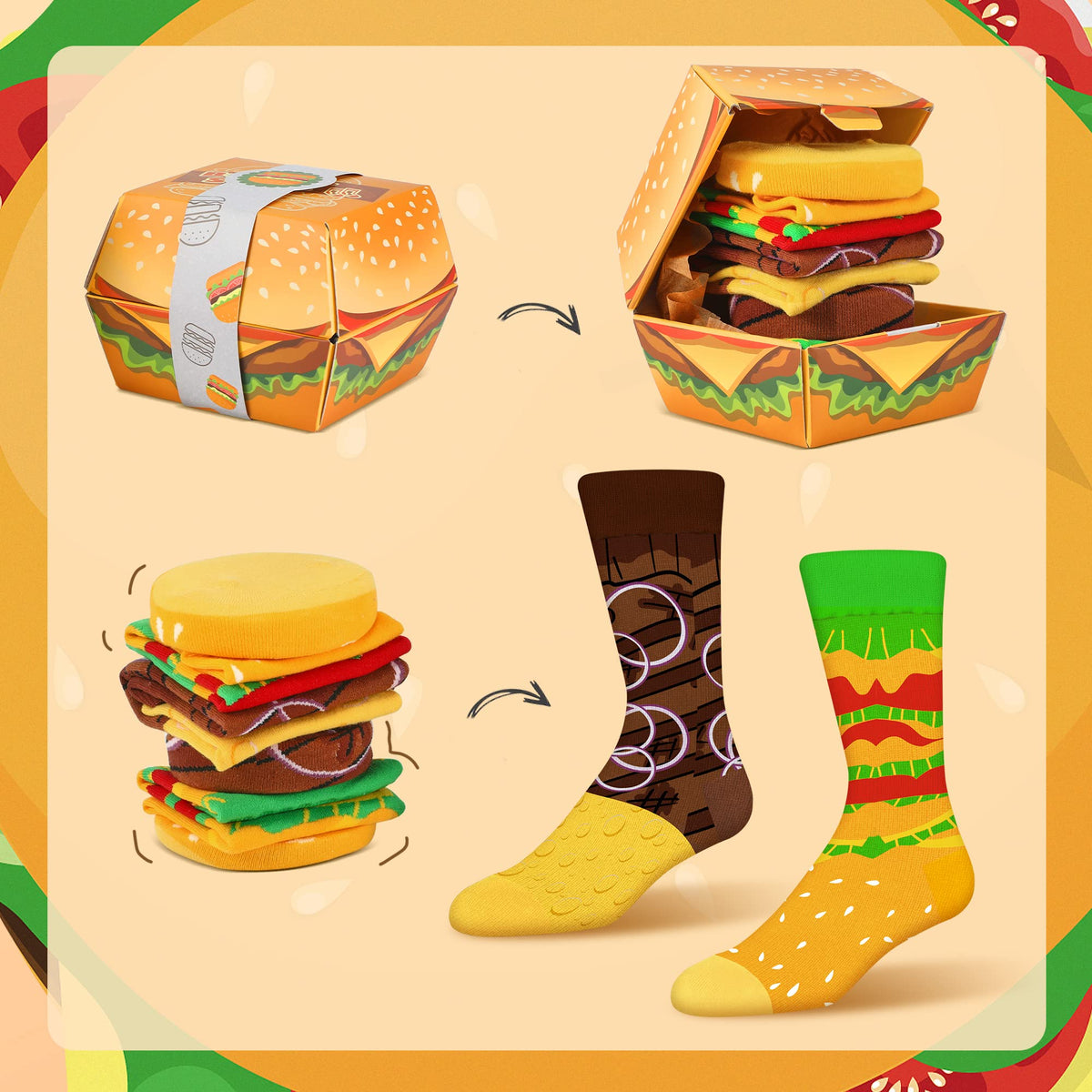Funny Burger Socks Box, 2 Pairs Novelty Food Gifts for Men Women Teens Dad 🍁 All In One Marketplace Canada