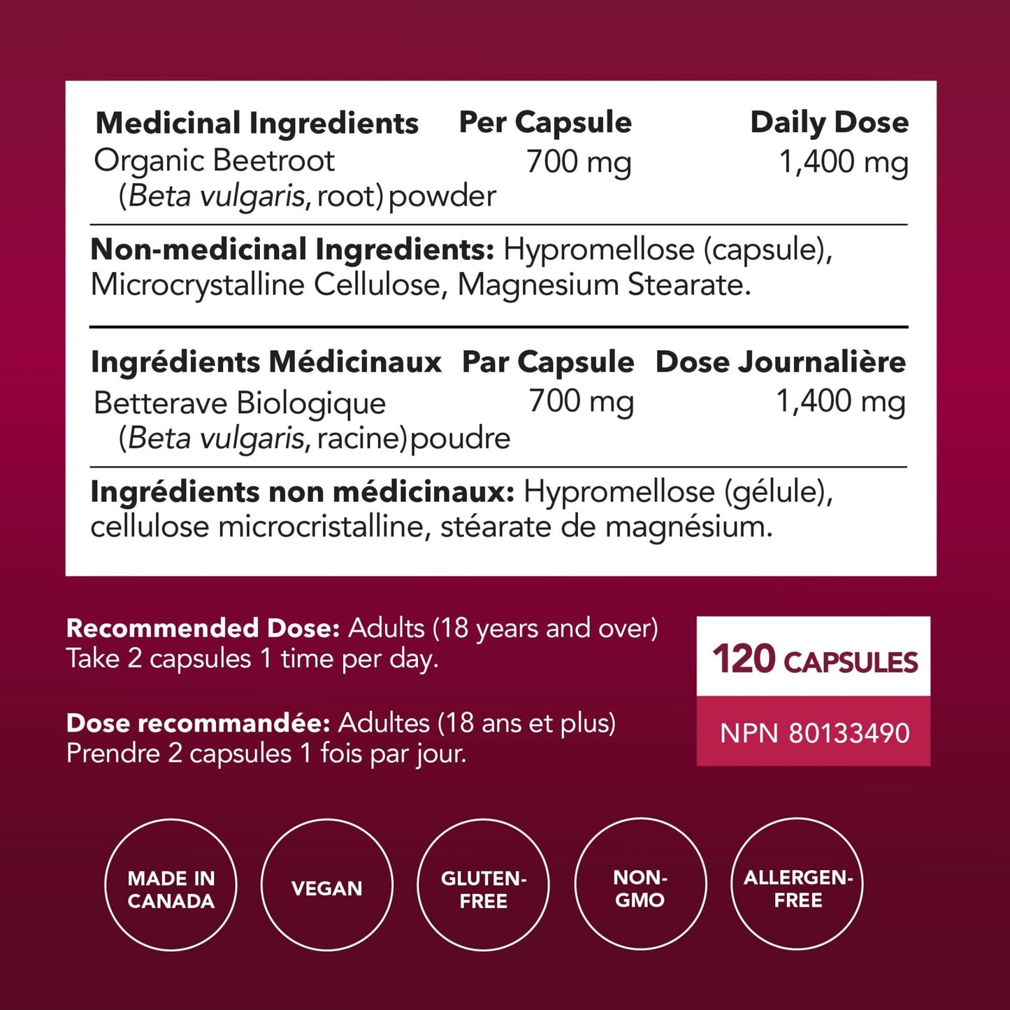 Organic Beetroot Capsules 1400MG | Potent Nitric Oxide for Healthy Blood Flow Support & Energy | 700MG Beetroot Powder Per Capsule | Nitric Oxide Supplements for Men & Women | Made in Canada | 120 Ct